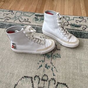 Rag & bone White Leather High Top Sneakers with Rat and Pizza Embroidery